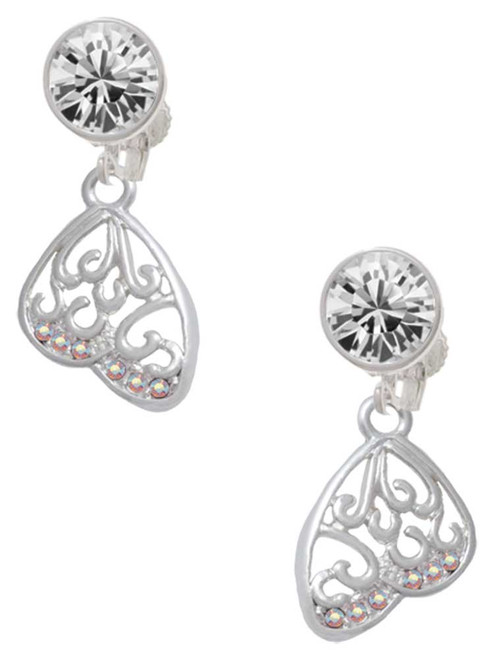 Silver Plated Open Clear AB Crystal Butterfly Wing - Crystal Clip on Earrings: Color Choice - Red, Green, Blue, Purple, Pink, Clear, Black