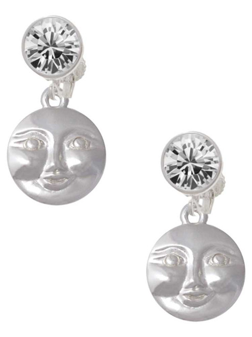Silver Plated Happy Moon - Crystal Clip on Earrings: Color Choice - Red, Green, Blue, Purple, Pink, Clear, Black