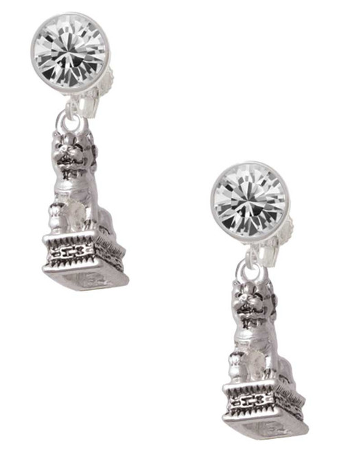 Silver Plated Fu Dog - Crystal Clip on Earrings: Color Choice - Red, Green, Blue, Purple, Pink, Clear, Black
