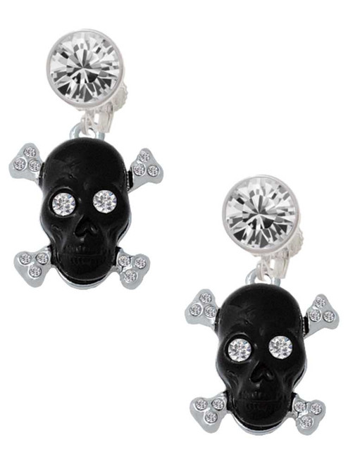 Silver Plated Large Black Resin Skull with Clear Crystals - Crystal Clip on Earrings: Color Choice - Red, Green, Blue, Purple, Pink, Clear, Black