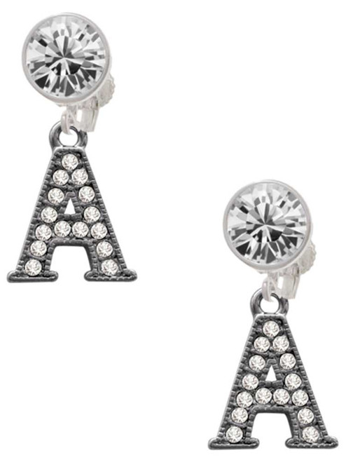 Black Nickeltone Crystal Initial - A - Beaded Border - Crystal Clip on Earrings: Color Choice - Red, Green, Blue, Purple, Pink, Clear, Black