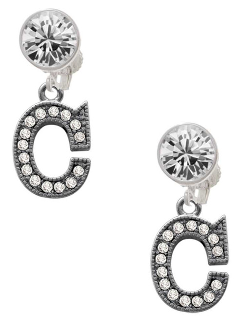 Black Nickeltone Crystal Initial - C - Beaded Border - Crystal Clip on Earrings: Color Choice - Red, Green, Blue, Purple, Pink, Clear, Black
