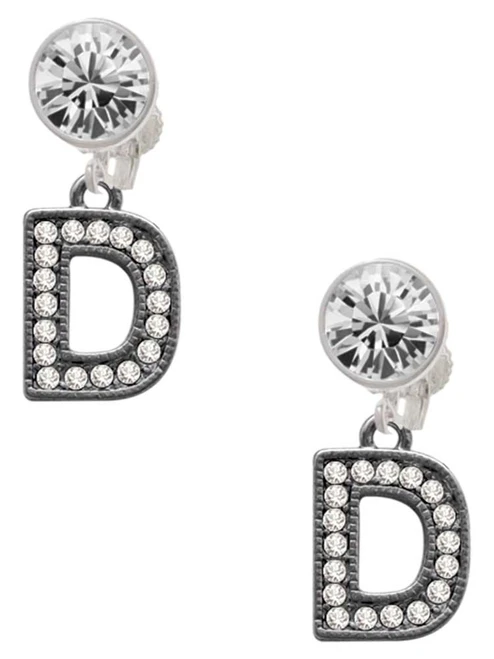 Black Nickeltone Crystal Initial - D - Beaded Border - Crystal Clip on Earrings: Color Choice - Red, Green, Blue, Purple, Pink, Clear, Black