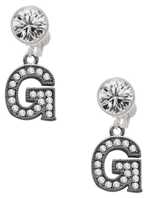 Black Nickeltone Crystal Initial - G - Beaded Border - Crystal Clip on Earrings: Color Choice - Red, Green, Blue, Purple, Pink, Clear, Black
