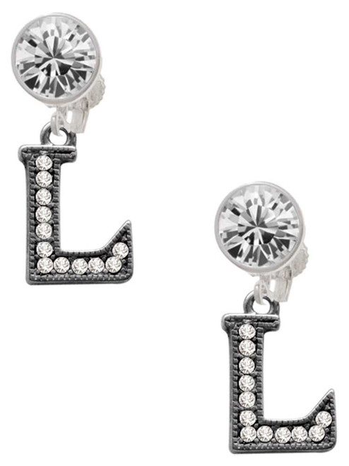Black Nickeltone Crystal Initial - L - Beaded Border - Crystal Clip on Earrings: Color Choice - Red, Green, Blue, Purple, Pink, Clear, Black