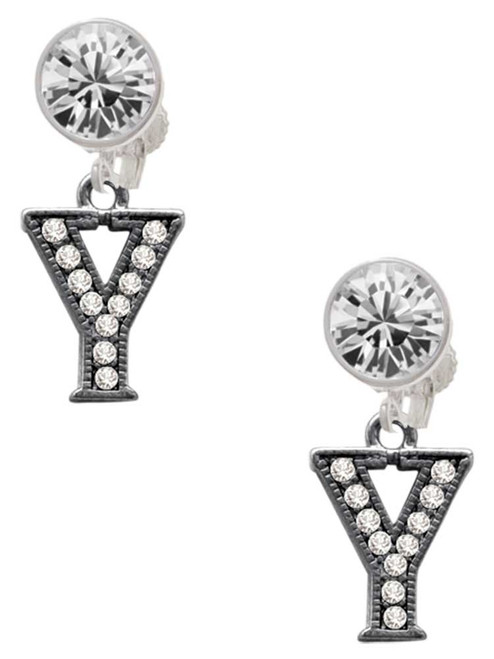 Black Nickeltone Crystal Initial - Y - Beaded Border - Crystal Clip on Earrings: Color Choice - Red, Green, Blue, Purple, Pink, Clear, Black