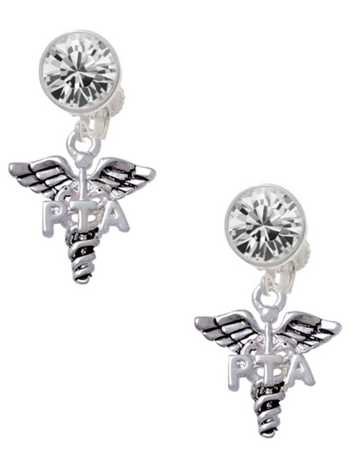 Silver Plated Therapist Caduceus - PTA - Crystal Clip on Earrings: Color Choice - Red, Green, Blue, Purple, Pink, Clear, Black