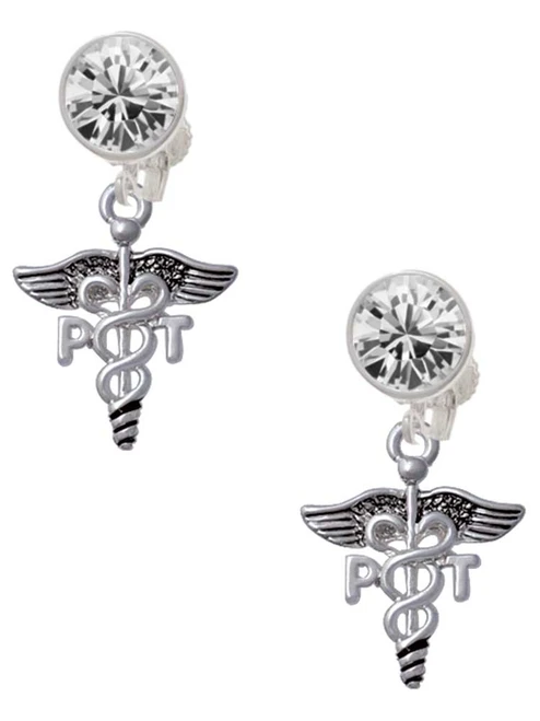 Silver Plated Therapist Caduceus - PT - Crystal Clip on Earrings: Color Choice - Red, Green, Blue, Purple, Pink, Clear, Black