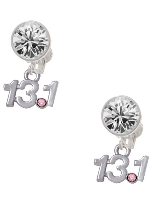 Silver Plated Half Marathon - 13.1 with Pink Crystal - Crystal Clip on Earrings: Color Choice - Red, Green, Blue, Purple, Pink, Clear, Black