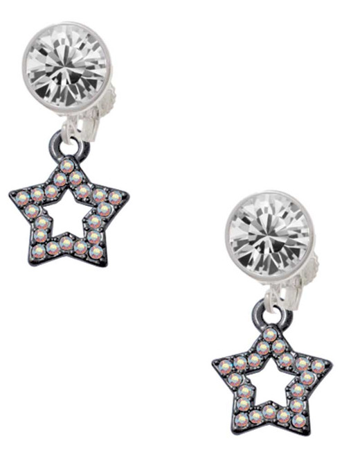 Black Nickeltone AB Crystal Lucky Star - Crystal Clip on Earrings: Color Choice - Red, Green, Blue, Purple, Pink, Clear, Black