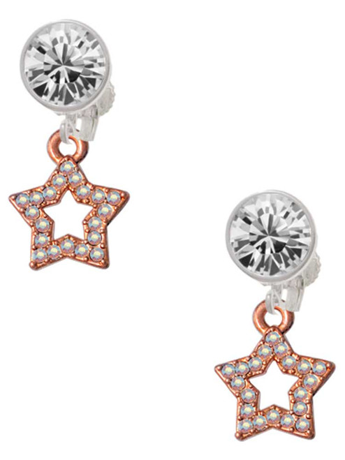 Rose Gold-tone AB Crystal Lucky Star - Crystal Clip on Earrings: Color Choice - Red, Green, Blue, Purple, Pink, Clear, Black