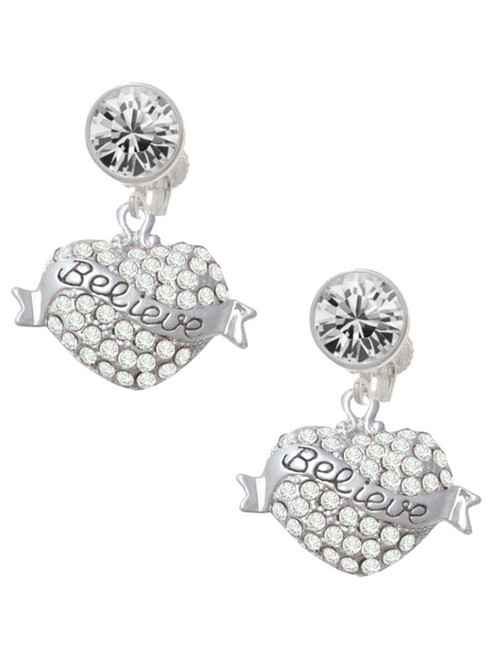 Silver Plated Believe Banner on Clear Crystal Heart - Crystal Clip on Earrings: Color Choice - Red, Green, Blue, Purple, Pink, Clear, Black