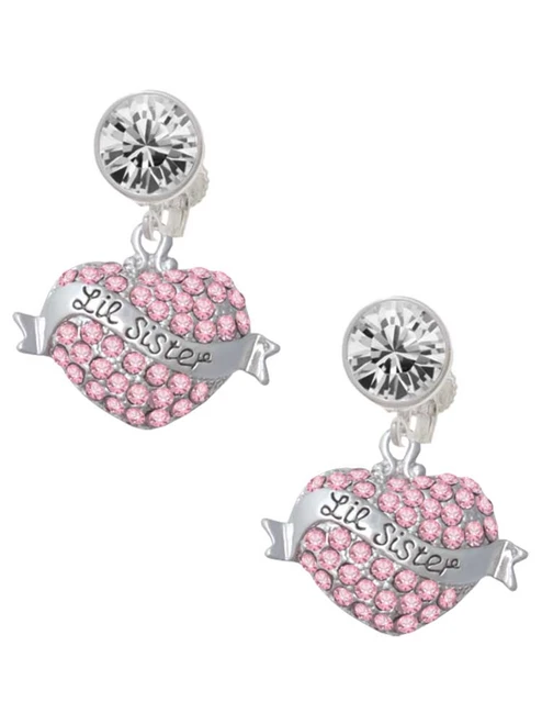 Silver Plated Lil Sister Banner on Pink Crystal Heart - Crystal Clip on Earrings: Color Choice - Red, Green, Blue, Purple, Pink, Clear, Black
