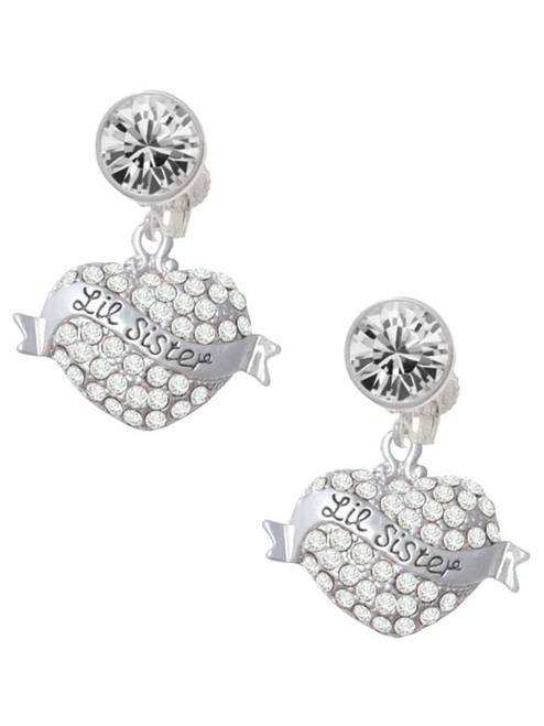 Silver Plated Lil Sister Banner on Clear Crystal Heart - Crystal Clip on Earrings: Color Choice - Red, Green, Blue, Purple, Pink, Clear, Black