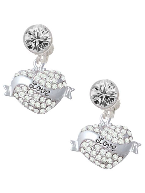 Silver Plated Love Banner on Clear Crystal Heart - Crystal Clip on Earrings: Color Choice - Red, Green, Blue, Purple, Pink, Clear, Black