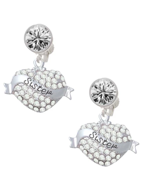 Silver Plated Sister Banner on Clear Crystal Heart - Crystal Clip on Earrings: Color Choice - Red, Green, Blue, Purple, Pink, Clear, Black