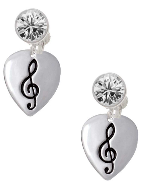 Silver Plated Large Clef on Guitar Pick - Crystal Clip on Earrings: Color Choice - Red, Green, Blue, Purple, Pink, Clear, Black