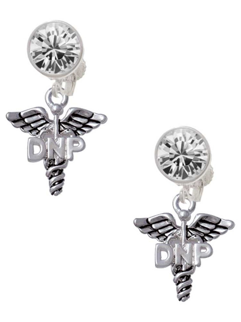 Silver Plated Nurse Caduceus - DNP - Crystal Clip on Earrings: Color Choice - Red, Green, Blue, Purple, Pink, Clear, Black