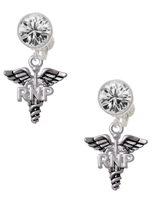 Silver Plated Nurse Caduceus - RNP - Crystal Clip on Earrings: Color Choice - Red, Green, Blue, Purple, Pink, Clear, Black