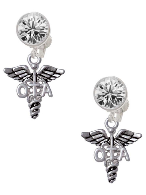 Silver Plated Therapist Caduceus - OTA - Crystal Clip on Earrings: Color Choice - Red, Green, Blue, Purple, Pink, Clear, Black