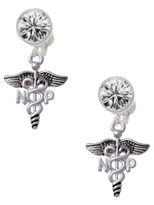 Silver Plated Nurse Caduceus - NP - Crystal Clip on Earrings: Color Choice - Red, Green, Blue, Purple, Pink, Clear, Black