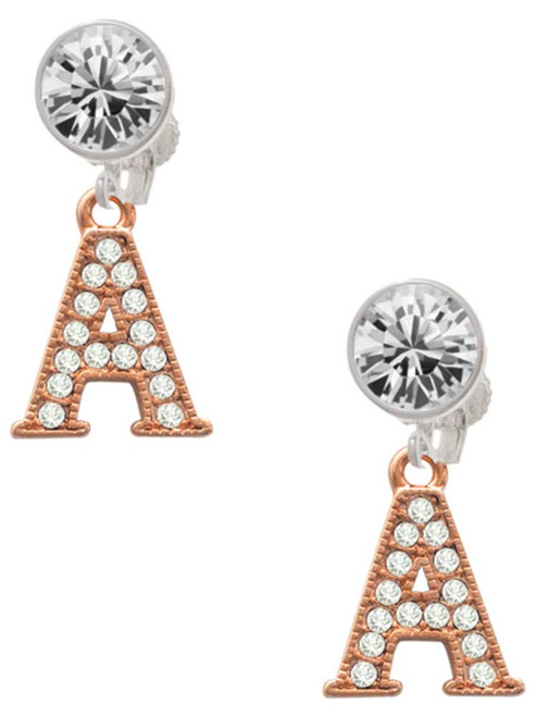 Rose Gold-tone Crystal Initial - A - Crystal Clip on Earrings: Color Choice - Red, Green, Blue, Purple, Pink, Clear, Black