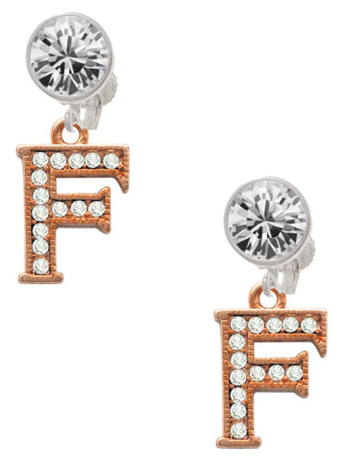 Rose Gold-tone Crystal Initial - F - Crystal Clip on Earrings: Color Choice - Red, Green, Blue, Purple, Pink, Clear, Black