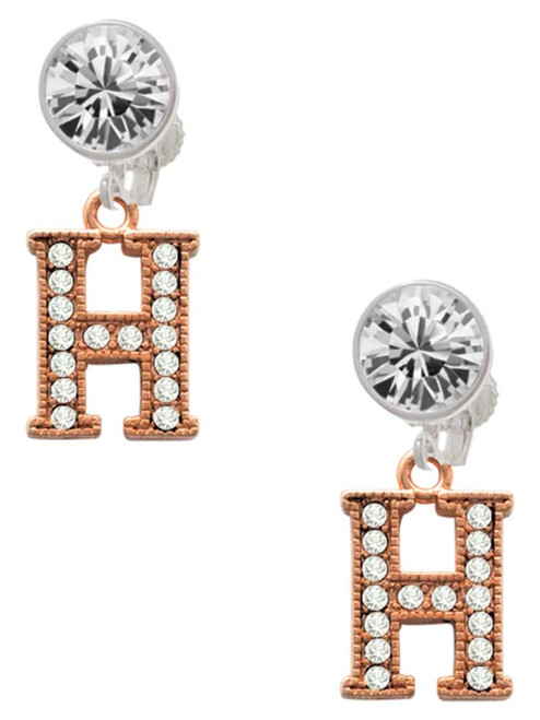 Rose Gold-tone Crystal Initial - H - Crystal Clip on Earrings: Color Choice - Red, Green, Blue, Purple, Pink, Clear, Black