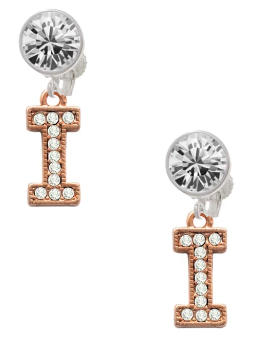 Rose Gold-tone Crystal Initial - I - Crystal Clip on Earrings: Color Choice - Red, Green, Blue, Purple, Pink, Clear, Black