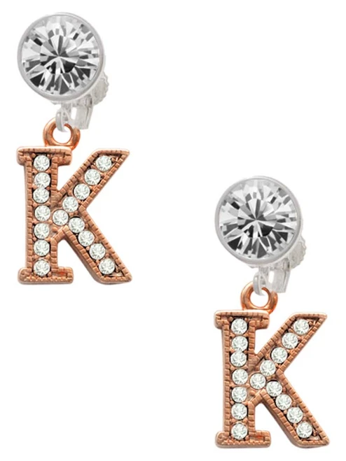 Rose Gold-tone Crystal Initial - K - Crystal Clip on Earrings: Color Choice - Red, Green, Blue, Purple, Pink, Clear, Black