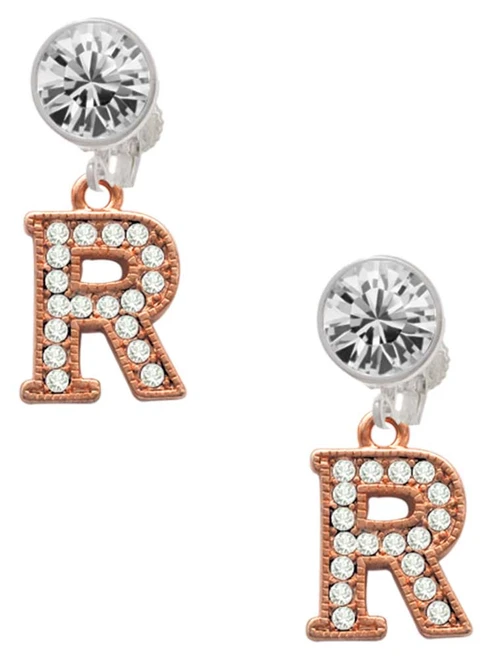 Rose Gold-tone Crystal Initial - R - Crystal Clip on Earrings: Color Choice - Red, Green, Blue, Purple, Pink, Clear, Black