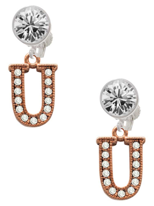 Rose Gold-tone Crystal Initial - U - Crystal Clip on Earrings: Color Choice - Red, Green, Blue, Purple, Pink, Clear, Black