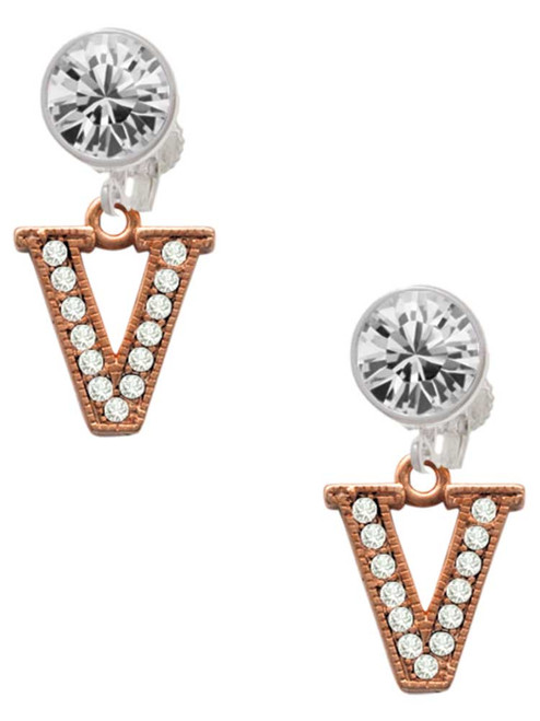 Rose Gold-tone Crystal Initial - V - Crystal Clip on Earrings: Color Choice - Red, Green, Blue, Purple, Pink, Clear, Black