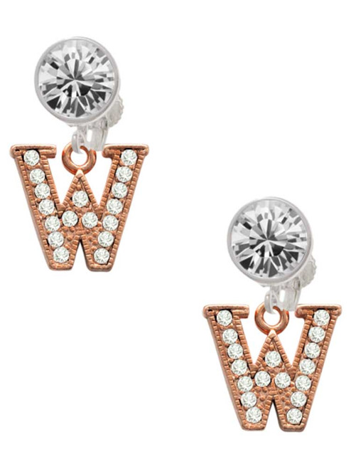 Rose Gold-tone Crystal Initial - W - Crystal Clip on Earrings: Color Choice - Red, Green, Blue, Purple, Pink, Clear, Black
