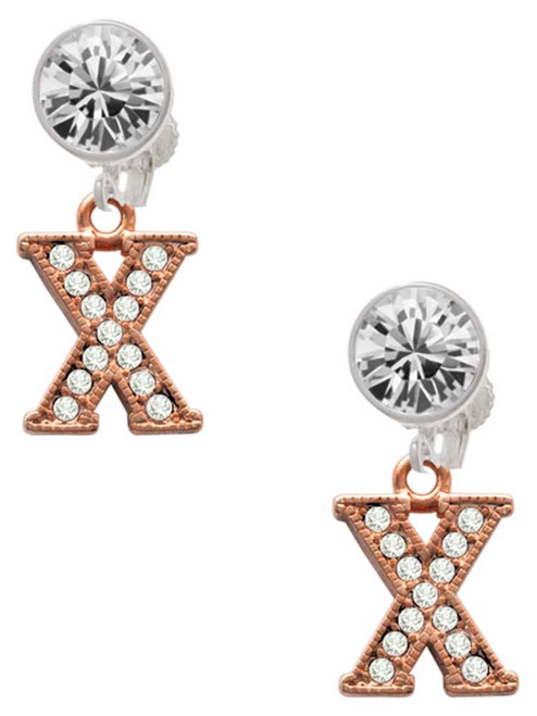 Rose Gold-tone Crystal Initial - X - Crystal Clip on Earrings: Color Choice - Red, Green, Blue, Purple, Pink, Clear, Black