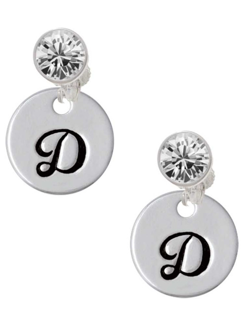 Silver Plated Large Script Letter Disc - D - Crystal Clip on Earrings: Color Choice - Red, Green, Blue, Purple, Pink, Clear, Black