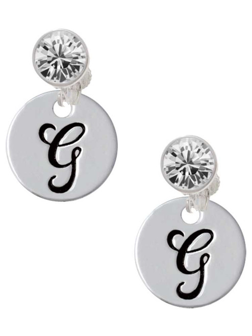 Silver Plated Large Script Letter Disc - G - Crystal Clip on Earrings: Color Choice - Red, Green, Blue, Purple, Pink, Clear, Black