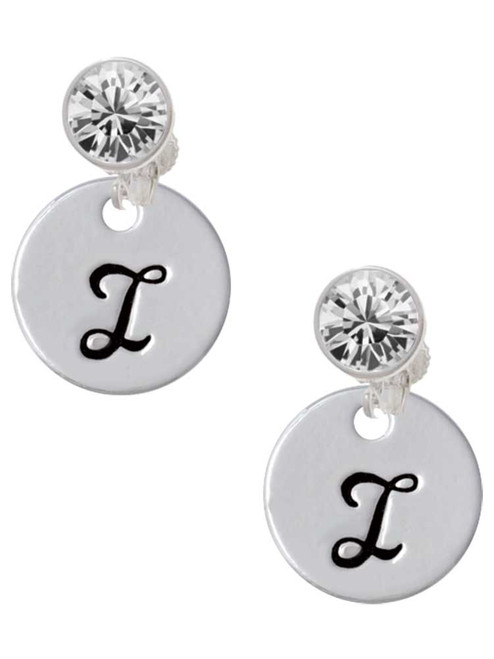 Silver Plated Large Script Letter Disc - I - Crystal Clip on Earrings: Color Choice - Red, Green, Blue, Purple, Pink, Clear, Black