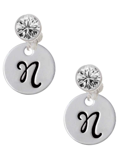 Silver Plated Large Script Letter Disc - N - Crystal Clip on Earrings: Color Choice - Red, Green, Blue, Purple, Pink, Clear, Black