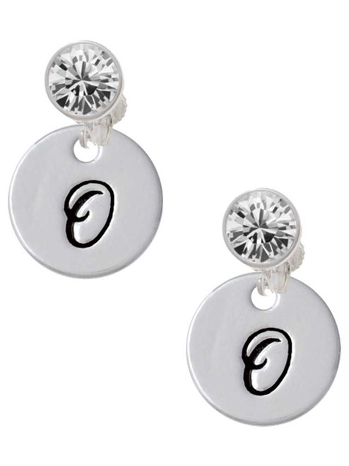 Silver Plated Large Script Letter Disc - O - Crystal Clip on Earrings: Color Choice - Red, Green, Blue, Purple, Pink, Clear, Black