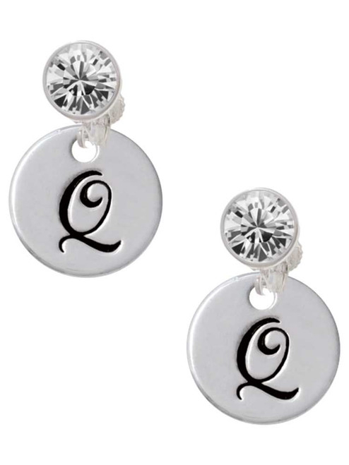 Silver Plated Large Script Letter Disc - Q - Crystal Clip on Earrings: Color Choice - Red, Green, Blue, Purple, Pink, Clear, Black