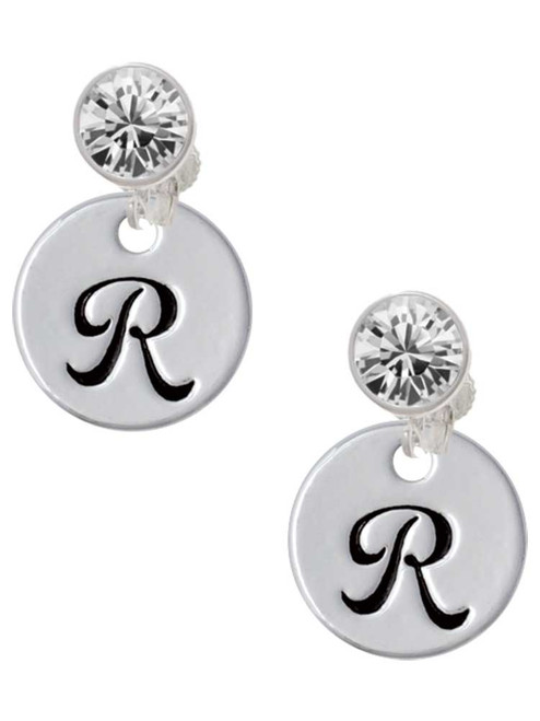 Silver Plated Large Script Letter Disc - R - Crystal Clip on Earrings: Color Choice - Red, Green, Blue, Purple, Pink, Clear, Black