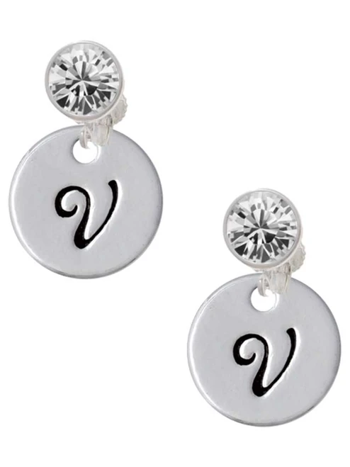 Silver Plated Large Script Letter Disc - V - Crystal Clip on Earrings: Color Choice - Red, Green, Blue, Purple, Pink, Clear, Black