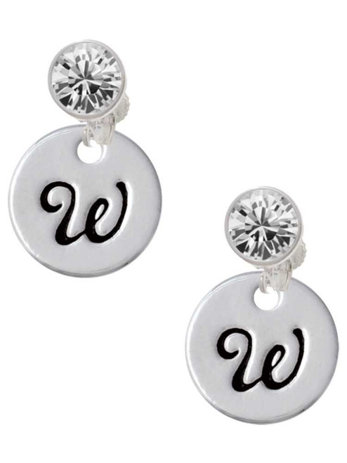 Silver Plated Large Script Letter Disc - W - Crystal Clip on Earrings: Color Choice - Red, Green, Blue, Purple, Pink, Clear, Black