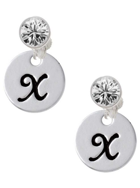 Silver Plated Large Script Letter Disc - X - Crystal Clip on Earrings: Color Choice - Red, Green, Blue, Purple, Pink, Clear, Black