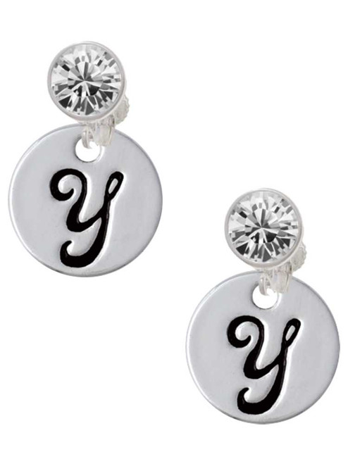 Silver Plated Large Script Letter Disc - Y - Crystal Clip on Earrings: Color Choice - Red, Green, Blue, Purple, Pink, Clear, Black