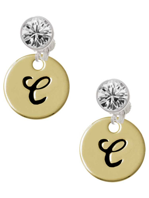 Gold-tone Large Disc Letter - C - Crystal Clip on Earrings: Color Choice - Red, Green, Blue, Purple, Pink, Clear, Black
