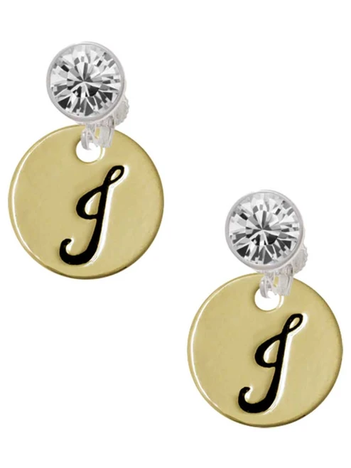 Gold-tone Large Disc Letter - J - Crystal Clip on Earrings: Color Choice - Red, Green, Blue, Purple, Pink, Clear, Black