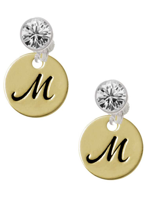Gold-tone Large Disc Letter - M - Crystal Clip on Earrings: Color Choice - Red, Green, Blue, Purple, Pink, Clear, Black