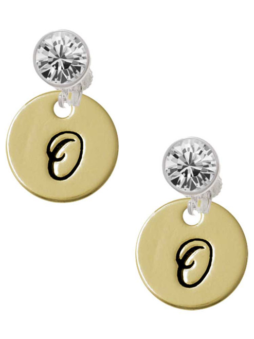 Gold-tone Large Disc Letter - O - Crystal Clip on Earrings: Color Choice - Red, Green, Blue, Purple, Pink, Clear, Black